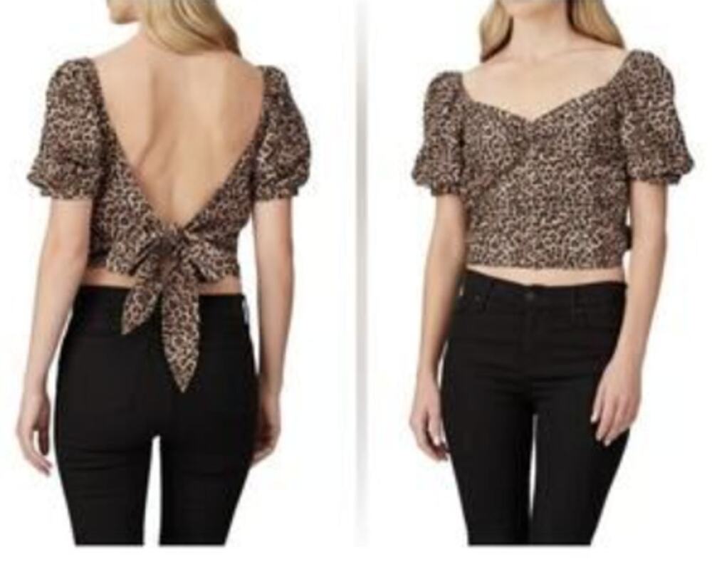 Marissa Webb Diane Leopard Puff Sleeve Open Back Crop Top Size XS